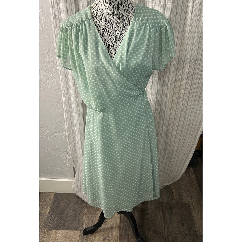 Eva Mendes NY & Co Faux Wrap Midi Dress Womens Large Mint Green Polka Dot Retro